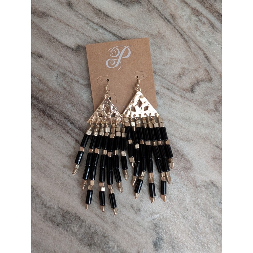 Black & Gold Tone Beaded Triangle Dangle/Drop Hook Earrings